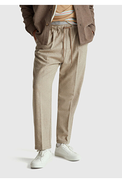 United Colors of Benetton Men's Brown Wool Blend Elastic Waist Lace-Up Trousers