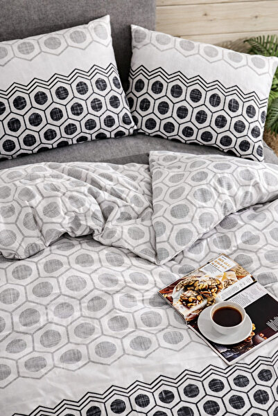 Cottonest Geometric Sheet Elastic Anthracite Single Duvet Cover Set
