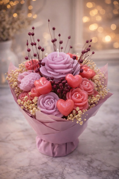 Bead El Yapımı Mum Çiçek Aranjmanı | Pembe & Mor Dekoratif Kokulu Mum Buketi ...