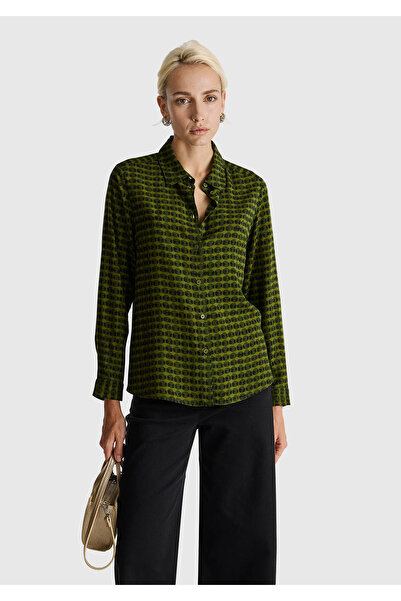 United Colors of Benetton Women's Dark Green 100% Viscose Patterned Shirt