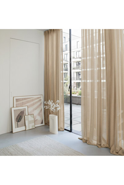 Ran Perde Kalın Dokulu Pırıltılı Tül Perde - Koyu Bej - Pileli Dikim 1x2,5 Pile