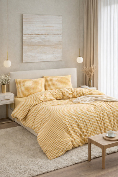 Cottonest 🟡   Mustard Gingham Duvet Cover Set – Natural, Warm, and Timeless