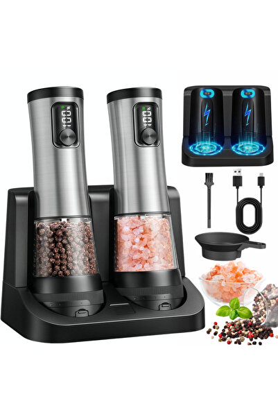 JUSTNET Set de 2 râșnițe electrice de sare, piper și condimente, oțel inoxida...