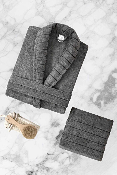 Mira Home AquaLoom Lüx Erkek Bornoz ve Havlu Seti %100 Pamuklu Antrasit