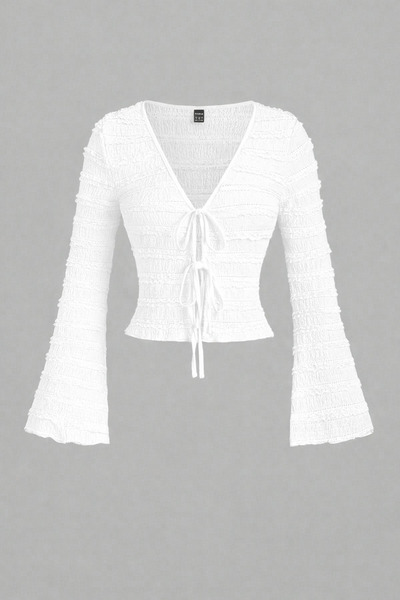 poswicon White Ruffled Fabric Front Tie Detail Spanish Sleeve Seasonal