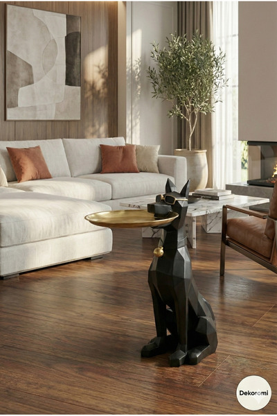 Tual Hobi Sanat Tepsili Lüks Köpek Heykeli 75x42cm Doberman Sunumluk, Şaraplı...