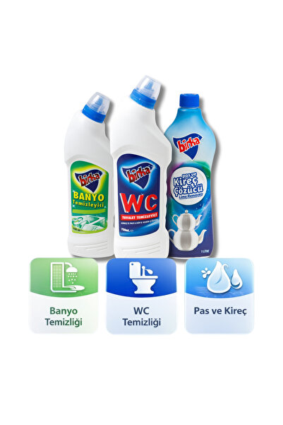 BİRKA 3’lü Temizlik Seti | WC Tuvalet 750 ml + Banyo Temizleyici 750 ml + Pas...