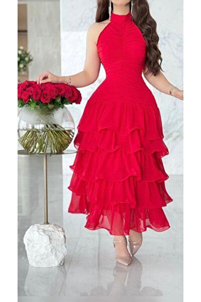 Cutie Midi evening dress with halter neck and layered (ruffled) design