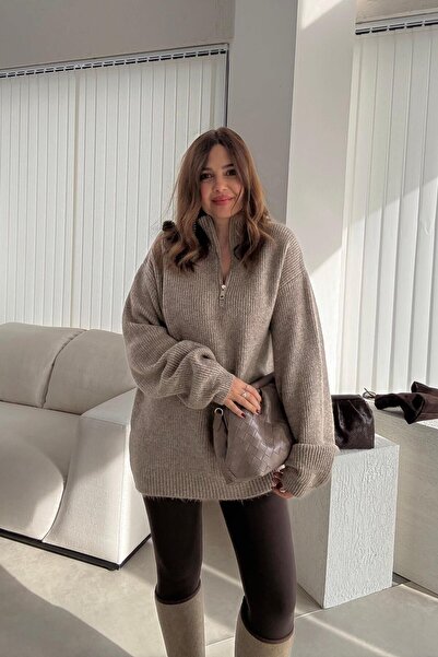 ELVAN TOLON Mink Zippered Mock Neck Sweater