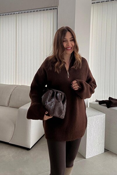 ELVAN TOLON Brown Zippered Mock Neck Sweater