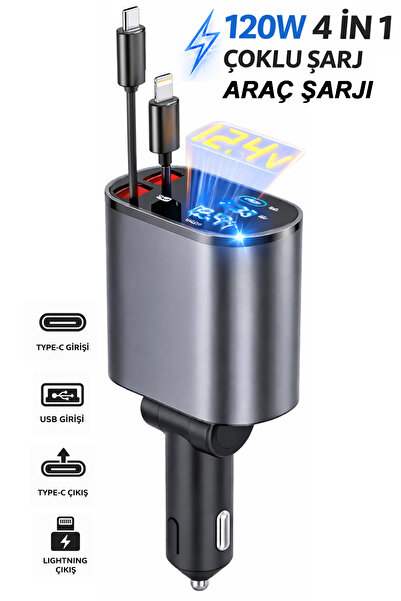 Tech&bello accessories 4 İN 1 120W Hızlı Araç Şarjı Type-c Ve Lightning Çıkış...