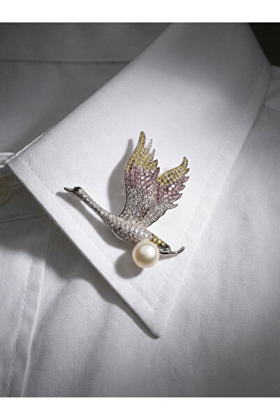 ZEY 925 Ayar Gümüş Kuğu Broş Kadın Pembe Sarı Hediyelik