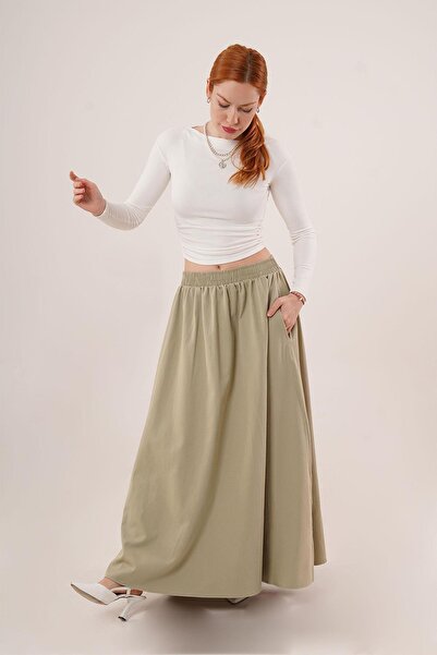 Zec Style Gabardin Cepli Etek Maxi - G10004 - Çağla Yeşili