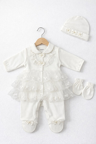 Kardeşler Bebe Lace Booties Jumpsuit Set (with Beanie & Gloves)