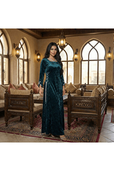 alqarat Luxe Crystal Side-Laced Velvet Jalabiya
