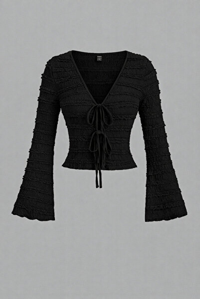 poswicon Black Ruffled Fabric Front Tie Detail Spanish Sleeve