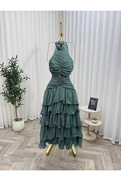 Cutie Midi evening dress with halter neck and layered (ruffled) design