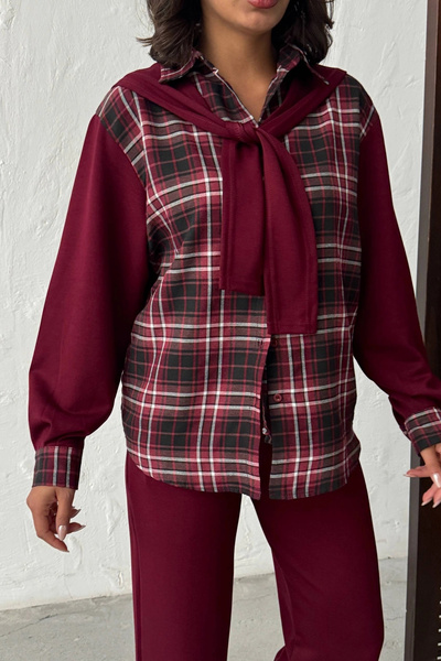 URİS Women's Burgundy Shoulder Tie Plaid Shirt and Trousers 2 Piece Set