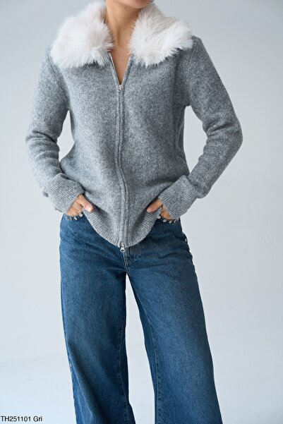 Qu Style Çıkarılabilir Kürk Yaka Çift Fermuarlı Hırka Gri