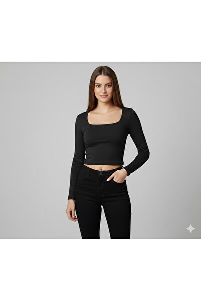 serkertaş Women's Black Square Neck Crop Long Sleeve Viscose Blouse