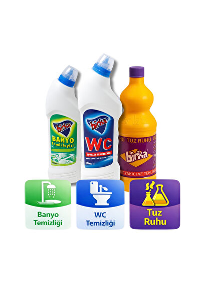 BİRKA 3’lü Temizlik Seti | WC Tuvalet 750 ml + Banyo Temizleyici 750 ml + Tuz...