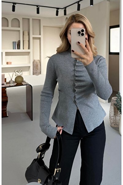 CADDELAMODA Mock Neck Draped Knitwear Cardigan