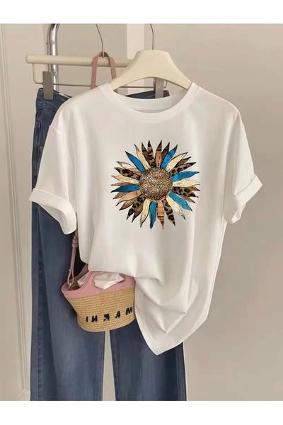 FUFLUNS Sunflower Printed Women's Oversize Crewneck T-Shirt