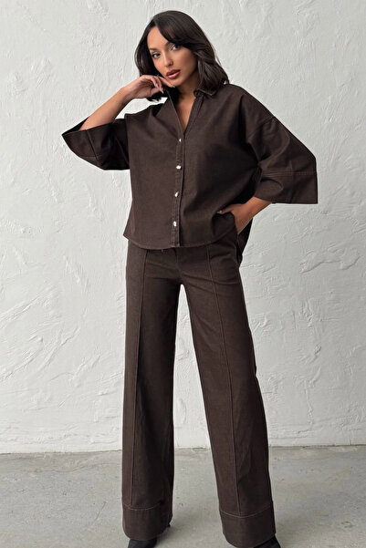 URİS Women's Brown Shirt Pants Premium Quality Top and Bottom Two-Piece Set