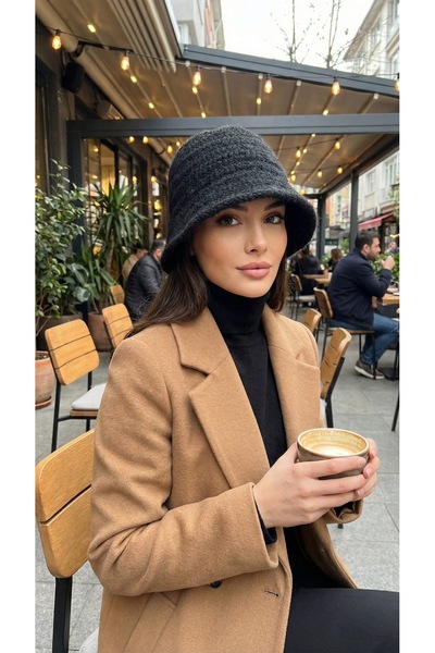 LAGRANZE Kadın Yün Örgü Arkadan Fiyonklu Bucket Şapka