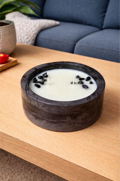 AKANART Taşlı Amber Kokulu Aromaterapi Soya Mum – Beton Kase (El Yapımı)