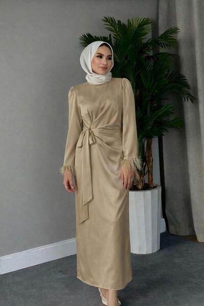 Şulemoda Giyim Sleeveless Fringed Satin Evening Dress Mink