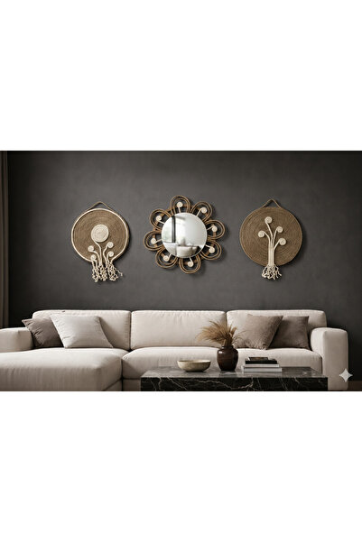 kattuna Bohem Duvar Dekorasyonu Aynalı 3’Lü Jüt Set