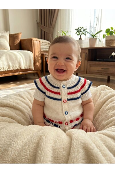 GNN El Örgüsü Bebek Yeleği - Kırmızı Mavi Şeritli Marin Temalı Bebe Yeleği