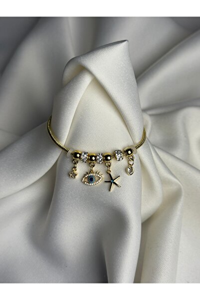 NB STEELORA Stone Detailed Charm Design Bracelet with Star and Evil Eye Figures