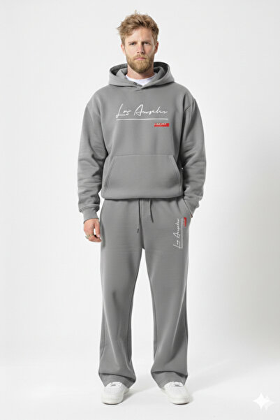 NİCE Gray Baggy Oversized Men's Tracksuit Set Wide Leg 3 Thread Combed Cotton...
