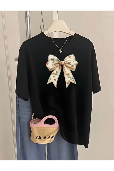 FUFLUNS Flowered Ribbon Printed Oversized Crew Neck T-Shirt