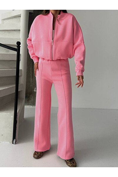 İLKCET MODA Zipper Collar Pocketless Crop Women's Top and Bottom Set