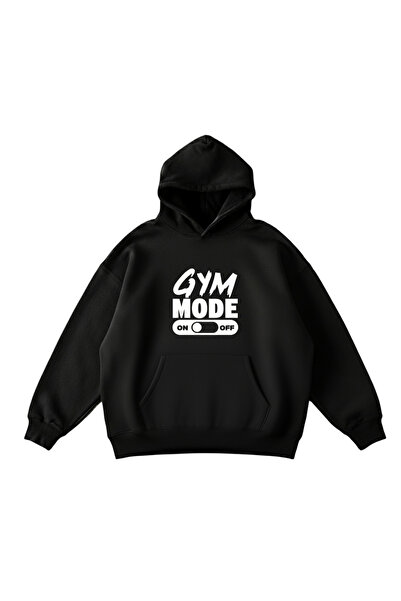 Machi Gym Mode On/Off Printed Black Hooded Sweatshirt - Unisex Oversized Hood...