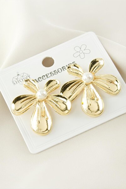 Marsilyan Flower Metal Pearl Earrings Ilkel-Bjt940