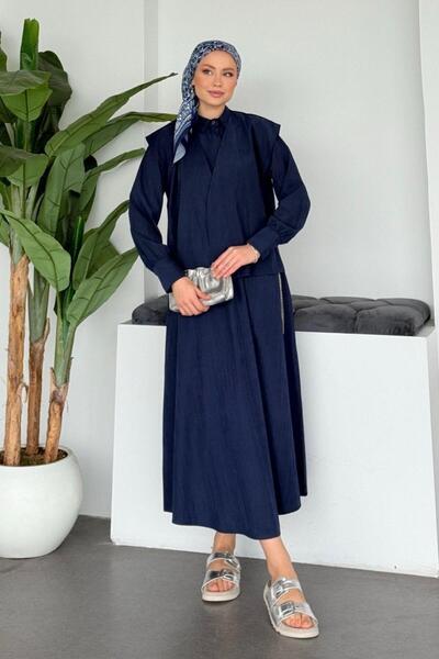 Şulemoda Giyim Banu Jileli Vest Set Dress Navy Blue