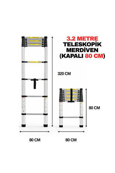 BERT 3.2 Metre 11 Basamak Teleskopik Alüminyum Merdiven | Katlanır, Portatif,...