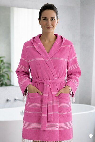 LUNA ÇEYİZ HEDİYELİK Luna %100 Pamuk Peştemal Bornoz Kapüşonlu Unisex- Fuşya ...