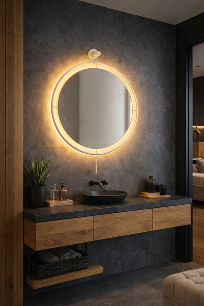 MetaQuartz Aksesuar Kablosuz Ledli Krem Masive Ayna 50x75 cm , Modern Metal L...
