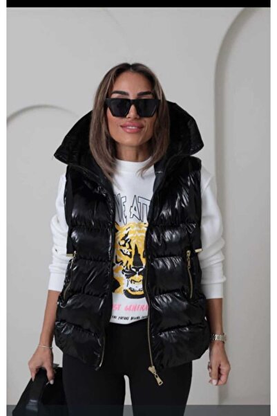 KAREN Kapüşonlu, Fermuarlı Siyah Parlak Şişme Yelek