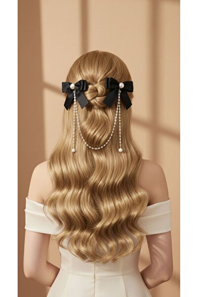 SOFT Чорна подвійна бантик з перлами, підвісна ланцюжок, затискач для волосся...