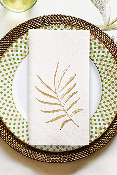 Story Airlaid 20x40 cm Altın Varak Tropikal Yaprak Desenli 16'lı Beyaz Renkli...