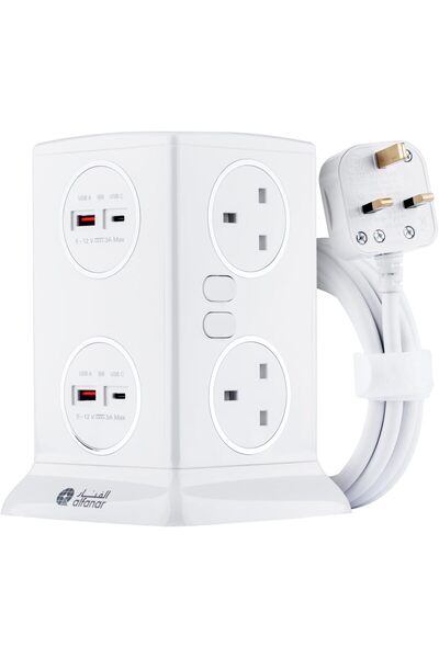 Alfanar وصلة كهربائية برج غرناطة بـ 6 مقابس، 4 منافذ شحن سريع USB (2 من النوع...