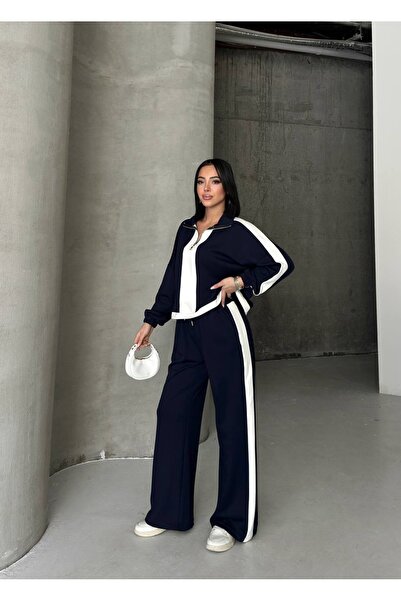 MODA CESE طقم علوي وسفلي بأكمام طويلة من قماش المودال المخطط مع بقطع قماش مخي...