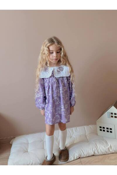 ARBİ kids Girl Child Flower Patterned Peter Pan collar Dress Full Mold