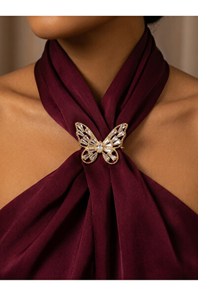 ZEY 925 Ayar Gümüş Takı-Altın Rengi Kelebek Hediyelik Kadın Broş